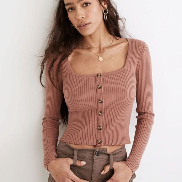 MADEWELL Rosseau Square-Neck Crop Cardigan Top Faded Mauve Women’s Size XXS - Picture 1 of 9